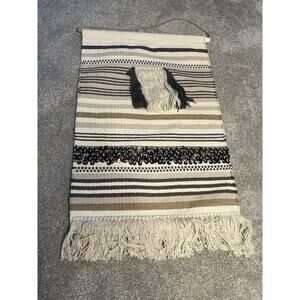 Handwoven Tapestry w/ Fringe Home Decor Boho Farmhouse Morracan Cream Black